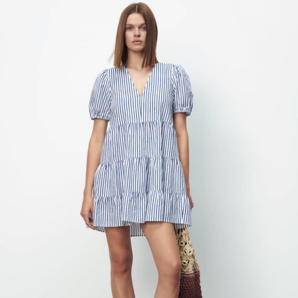 Zara blue and white tiered cotton dress